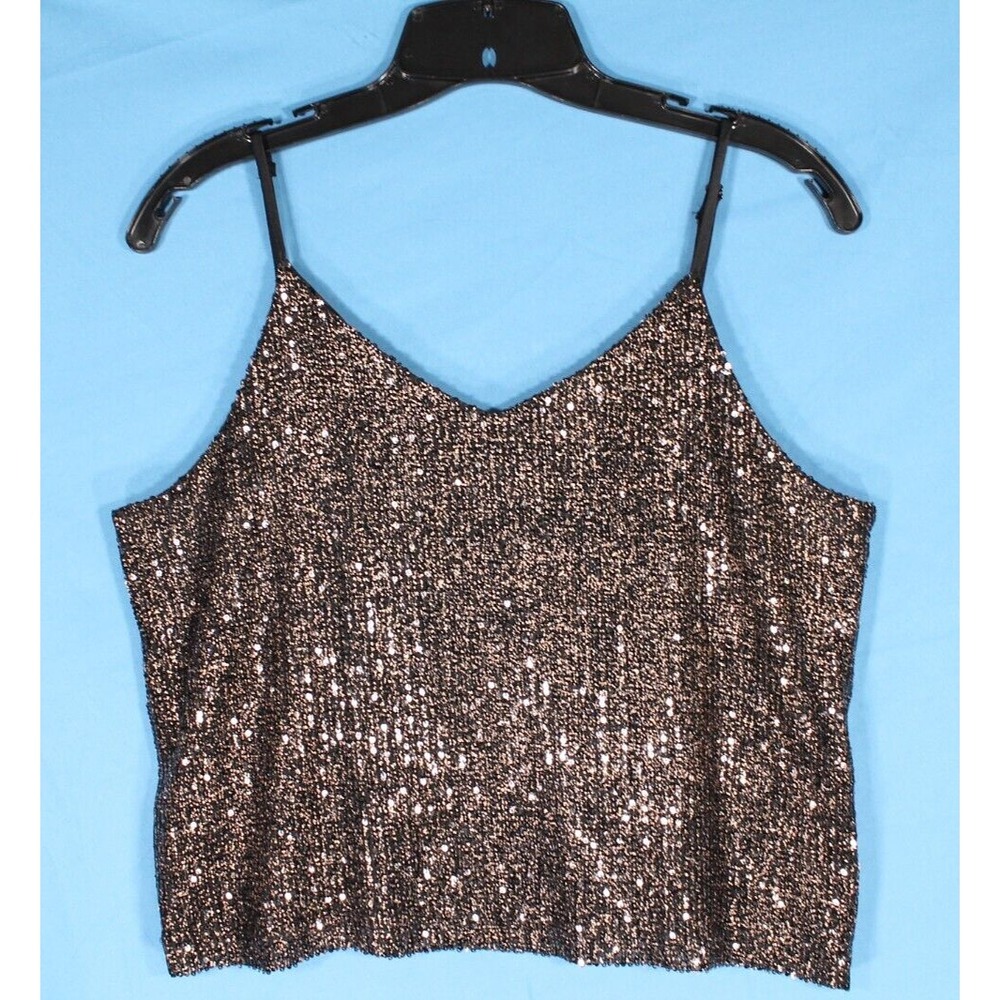 MOLLY BRACKEN Black/Rose Gold LINED SEQUIN MESH Sleeveless TANK TOP/BLOUSE Sz L